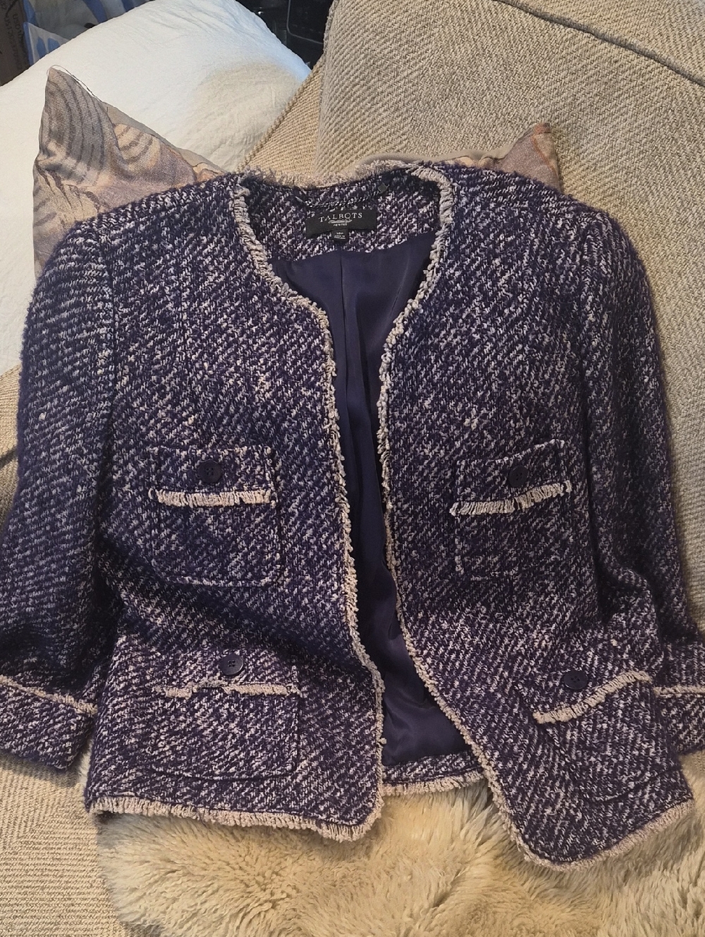 Talbots Purple and Cream Tweed Fringe-Trim Blazer
